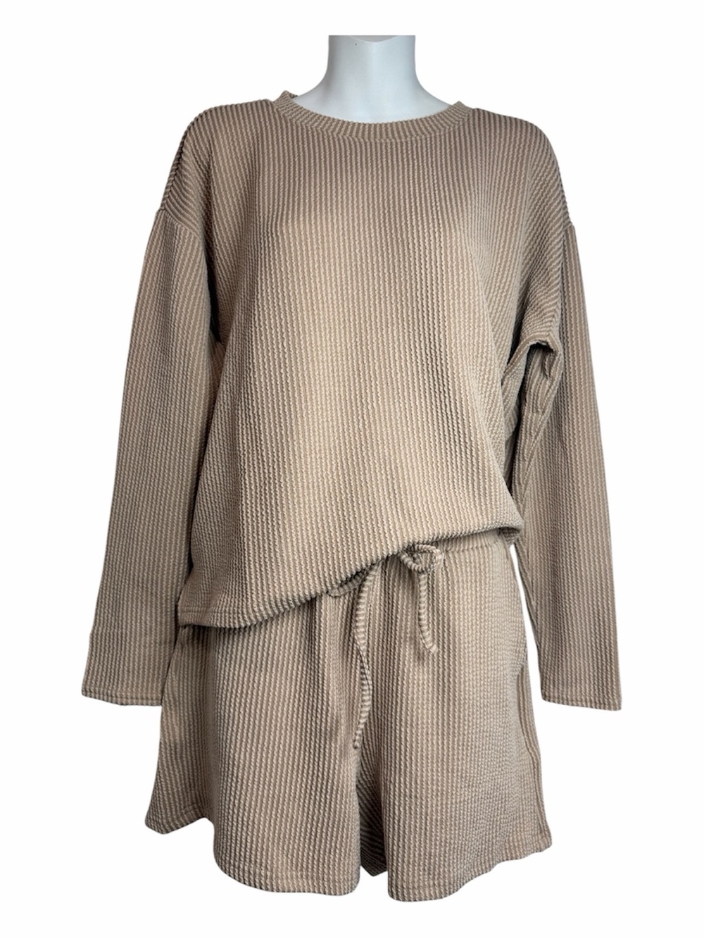 Zenana Loungewear Matching Set Long Sleeve Top & Drawstring Shorts Beige Rib M